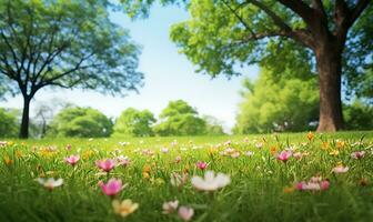 picturesque spring glade with blooming flora and trees set against a clear blue sky. AI Generated photo