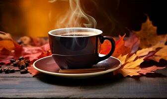 humeante café taza conjunto en contra un fondo de cascada otoño hojas. ai generado foto