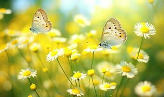 macro Disparo de vibrante amarillo santolina flores en medio de juguetón mariposas en un prado. ai generado foto