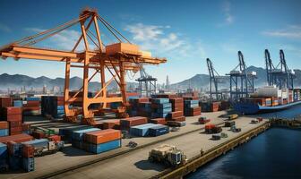 bustling seaport featuring cargo ships being loaded and unloaded. AI Generated photo
