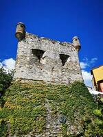 Photo of a medieval brick tower with twin towers on top