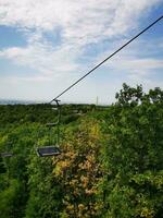 Photo of a ski lift gliding over a vibrant green forest