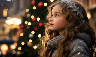 lado perfil de un joven chica, ojos lleno con preguntarse, en pie junto a un majestuoso Navidad árbol conjunto en un ciudad cuadrado. ai generado foto