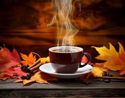 steaming coffee cup set against a backdrop of cascading autumn leaves. AI Generated photo