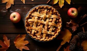 tradicional manzana tarta, un encantador representación de otoño con otoño hojas y un aspersión de canela. ai generado foto