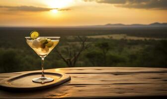 cocktail on a wooden deck overlooking the African savanna safari landscape. AI Generated photo