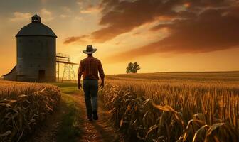 a farmer strides confidently through a corn field, the early dawn light casting a gentle glow over the tall stalks. AI Generated photo