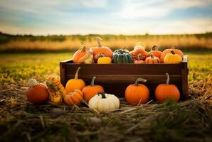 rustic wooden box filled with an assortment of pumpkins, each showcasing the rich hues and textures of the fall season. AI Generated photo