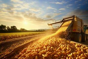 harvester pouring freshly harvested corn maize seeds or soybeans into a container trailer. AI Generated photo