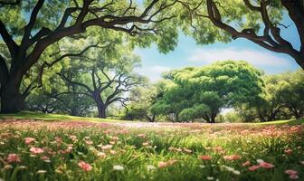 picturesque spring glade with blooming flora and trees set against a clear blue sky. AI Generated photo