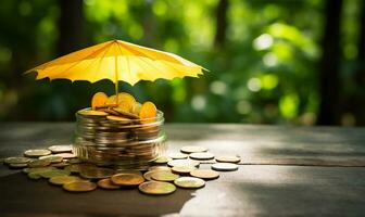 yellow umbrella shielding coins on a table under natural light. AI Generated photo