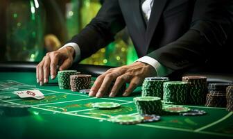 a poker player with playing cards and chips at a green casino table. AI Generated photo