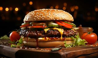 a mouth-watering hamburger showcasing its juicy layers. AI Generated photo