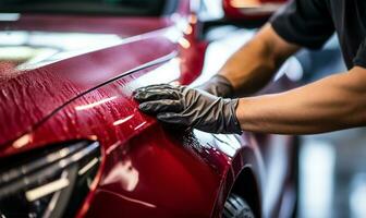 man meticulously cleaning a car with a microfiber cloth. AI Generated photo