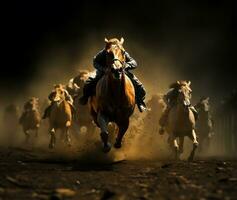 un intenso momento capturado durante un caballo carrera como jinetes, con escarpado determinación, empujar su caballos a ganancia un ventaja en el crucial último curva. ai generado foto