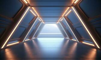 empty long light corridor designed as a futuristic Sci-Fi triangle tunnel. AI Generated photo
