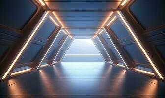 empty long light corridor designed as a futuristic Sci-Fi triangle tunnel. AI Generated photo