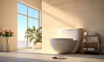 modern luxury wall-hung toilet bowl with a closed seat and dual flush. AI Generated photo