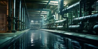 industrial aguas residuales tratamiento planta en el proceso de purificación agua antes de eso es descargado. ai generado foto