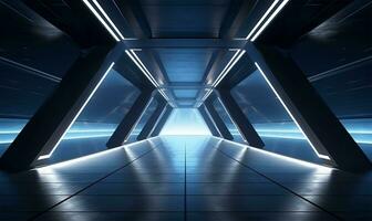 empty long light corridor designed as a futuristic Sci-Fi triangle tunnel. AI Generated photo