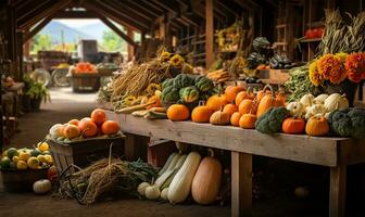 bullicioso otoño agricultores mercado rebosante con un vistoso formación de calabazas y Fresco otoñal vegetales. ai generado foto