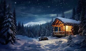 pequeño Iniciar sesión cabina cubierto en nieve debajo un estrellado noche. ai generado foto