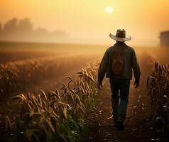 a farmer strides confidently through a corn field, the early dawn light casting a gentle glow over the tall stalks. AI Generated photo