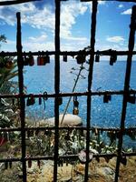 Photo of a serene view of a body of water peeking through a beautiful fence