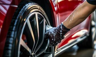 man meticulously cleaning a car with a microfiber cloth. AI Generated photo