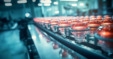 Medical vials moving along a production line in a pharmaceutical factory,. AI Generated photo