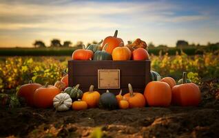 rustic wooden box filled with an assortment of pumpkins, each showcasing the rich hues and textures of the fall season. AI Generated photo