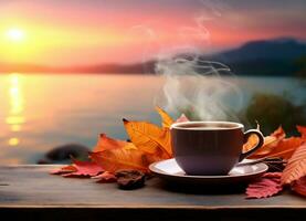 steaming coffee cup set against a backdrop of cascading autumn leaves. AI Generated photo