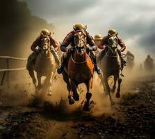 un intenso momento capturado durante un caballo carrera como jinetes, con escarpado determinación, empujar su caballos a ganancia un ventaja en el crucial último curva. ai generado foto