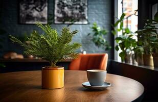 coffee cup alongside a plant. AI Generated photo