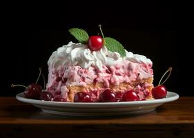 rebanada de pastel coronado con un jugoso cereza. ai generado foto