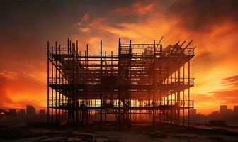 construction site of a large residential-commercial building with several floors already taking shape, juxtaposed against a metal framework. AI Generated photo