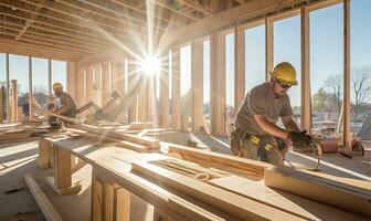 Workers diligently installing doors and windows in a new residential building. AI Generated photo