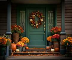 hermosamente hecho a mano otoño guirnalda adornando un Rico verde frente puerta, complementado por ingenioso otoño flor maceta preparativos agraciando el pasos. ai generado foto