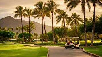 Landscape view of a pristine resort golf course bathed in the glow of perfect weather. AI Generated photo