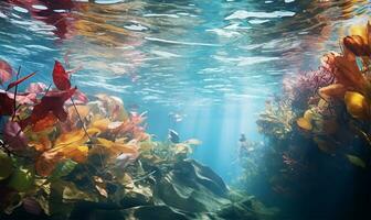 otoño hojas flotante graciosamente en agua. ai generado foto