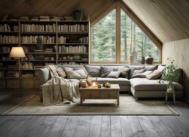 corner sofa placed against a shelving unit, set in a modern living room in the attic of a farmhouse. AI Generated photo