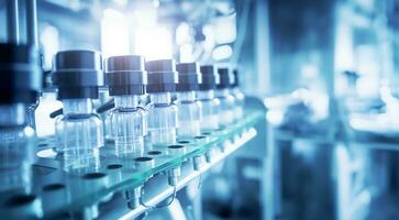 Medical vials moving along a production line in a pharmaceutical factory,. AI Generated photo