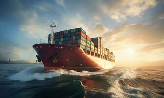 container ship cutting through the vast sea waters. AI Generated photo