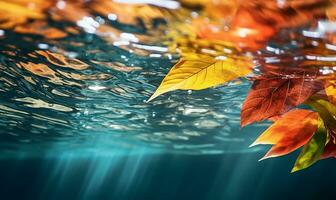 autumn leaves floating gracefully on water. AI Generated photo