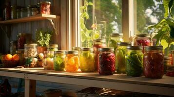 rústico cocina adornado con vistoso frascos de Enlatado frutas y vegetales pulcramente arreglado en el mesa. cálido, acogedor atmósfera. sano hecho en casa comida ai generado foto