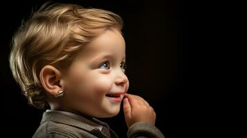 Blond little child with hearing impairment. Close up portrait. The boy receives his first hearing aid. Joy and surprise in eyes when he hears the sound for the first time AI generated photo