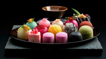 Japanese wagashi traditional sweets on a lacquered tray. The colorful confections. A healthy dessert made from natural ingredients. Sweets from rice and legumes for Japanese tea ceremony. AI generated photo