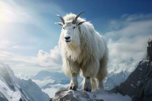 Mountain goat. Snow goat. A white shaggy goat with long white hair and horns stands on a snow-capped mountain peak. Animals in the wild. Close up. Copy space. cloven-hoofed mammal AI generated photo