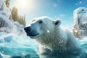 white polar bear bathes in river. Close-up of bear's muzzle. Ice floes are floating around. Snowing. bear enjoys swimming and smiles. Beautiful kind bear cub. Cozy background. Animals AI generated photo