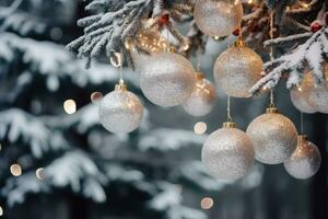 Christmas background. Snowy New Year tree decorated with silver golden balls. Close-up. With bokeh. With space for text. Happy New Year. Holiday decor. Banner, Invitation, postcard, AI generated photo